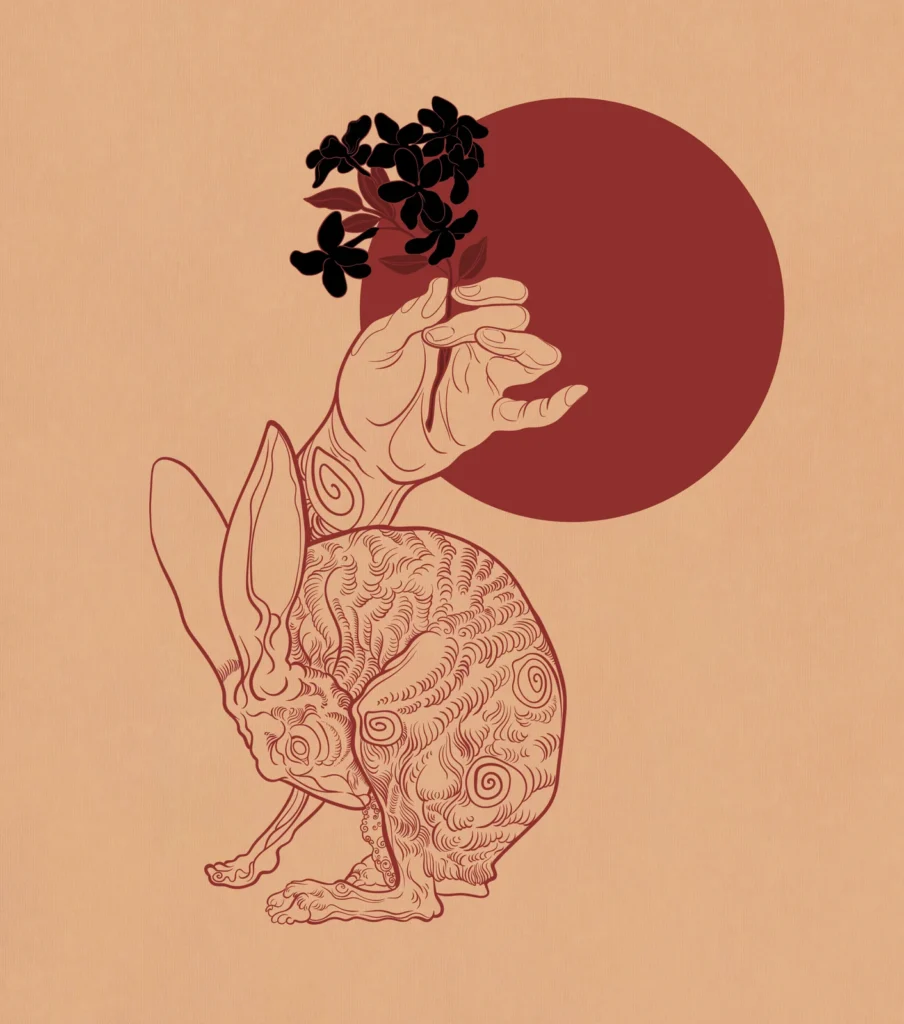 tatuaje conejo japones flores minimalista