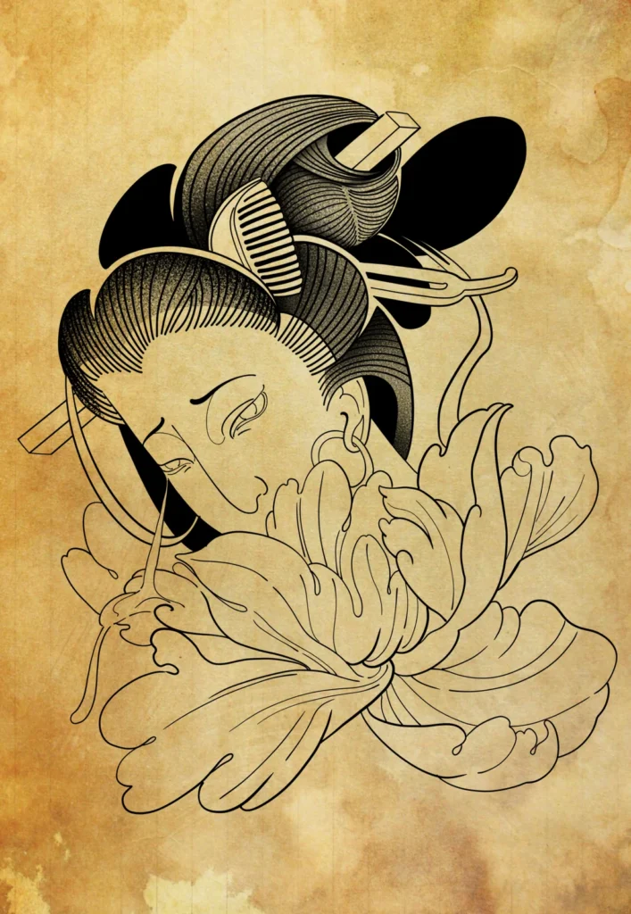 tatuaje geisha peonia flor japonesa