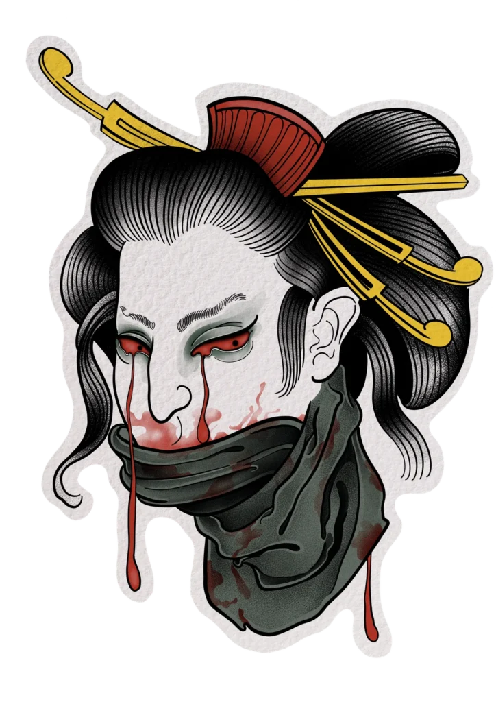 Diseño de tatuaje neoriental japonés: cabeza de geisha con lágrimas de sangre, mordaza oscura y horquillas doradas