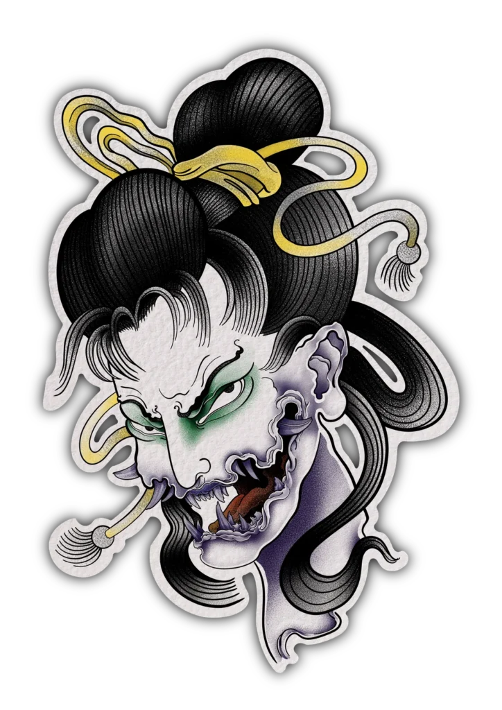 Diseño de tatuaje neoriental japonés: geisha transformándose en demonio hannya, con colmillos y cinta amarilla