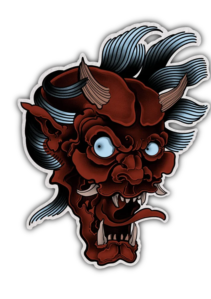Diseño de tatuaje neoriental japonés: máscara de oni rojo con cuernos, colmillos y olas azules